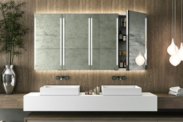 Cabinet Mirror Installed Above a Double Sink in Bathroom