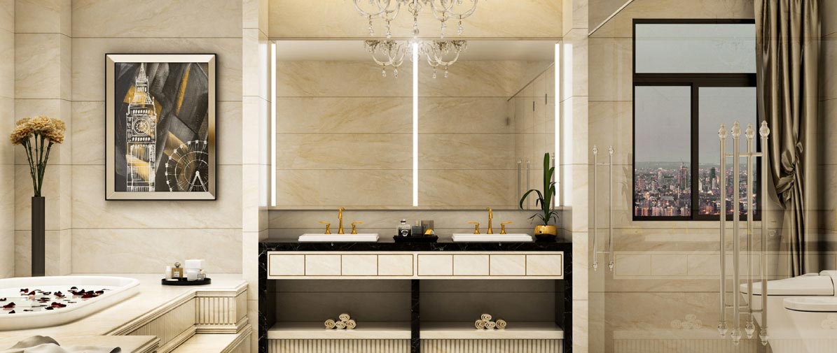 Integrated Light Mirror by Grand Mirrors installed in a luxurios bathroom