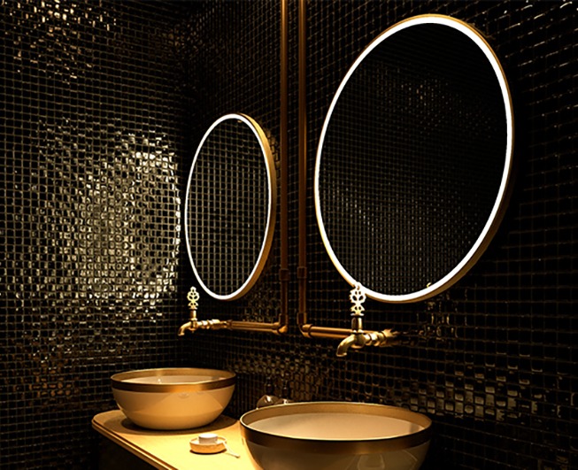 Grand Mirrors ALLURE in round size installed in a bathroom
