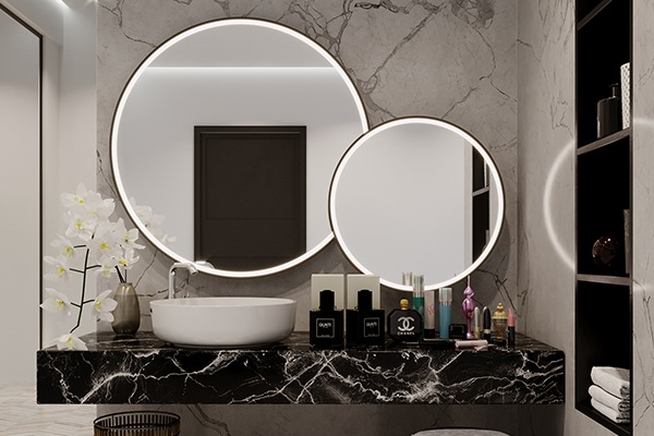 Grand Mirrors ALLURE is a beautiful mirror with a brushed aluminum frame and very effective integrated LED light.